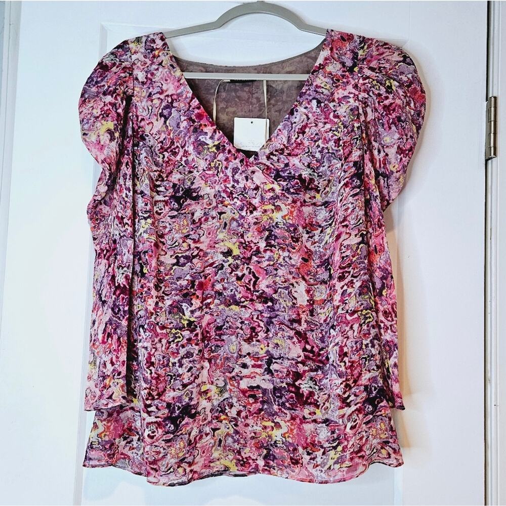 Anthropologie Leifsdottir Silk Abstract Print Blouse 3/4 Puff Sleeve NWT Size 2